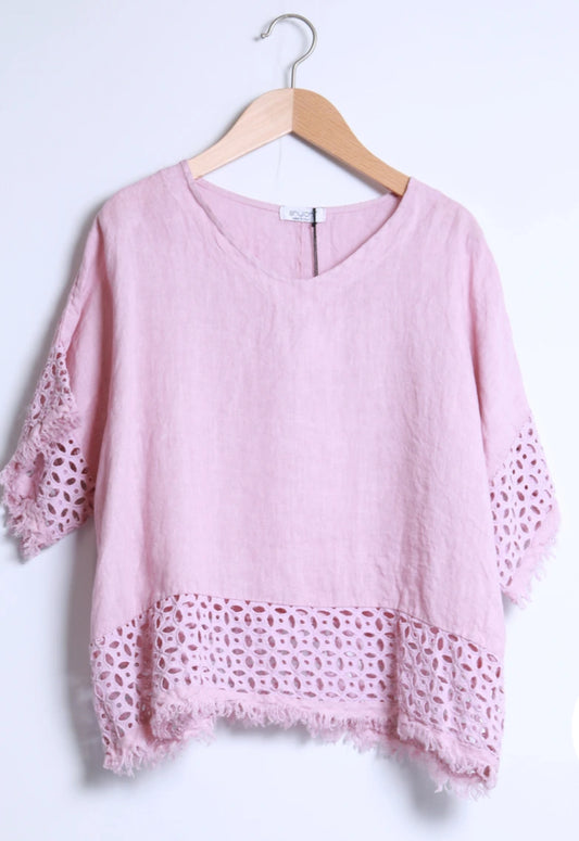 MESH TRIM LINEN/COTTON BLEND TOP - 10-16