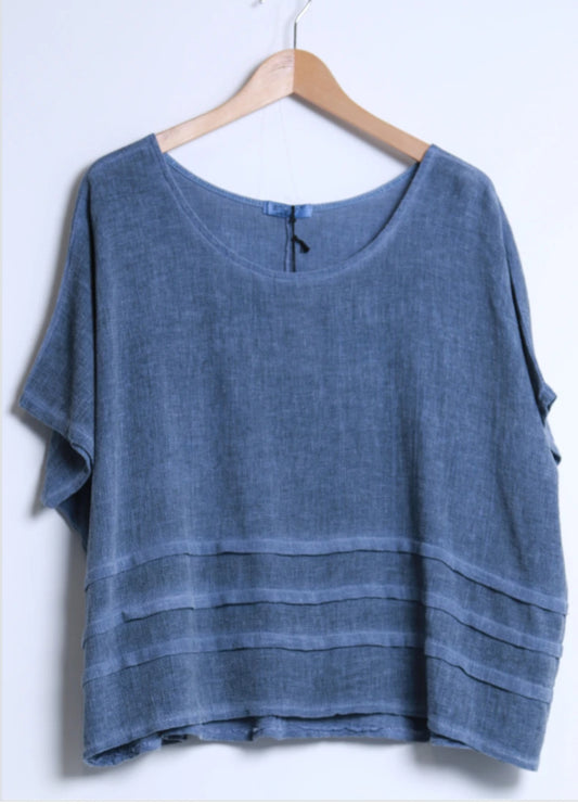 LINEN/COTTON PLEAT TOP - 10-16 - DENIM BLUE