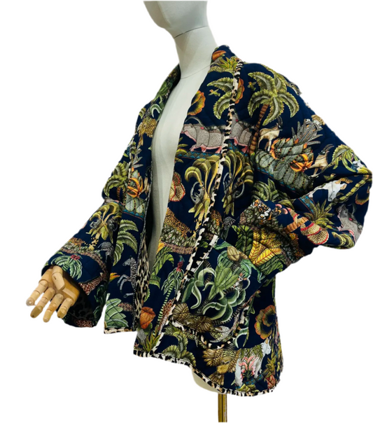 LIGHTLY PADDED JUNGLE PRINT KIMONO JACKET - NAVY - 10-16