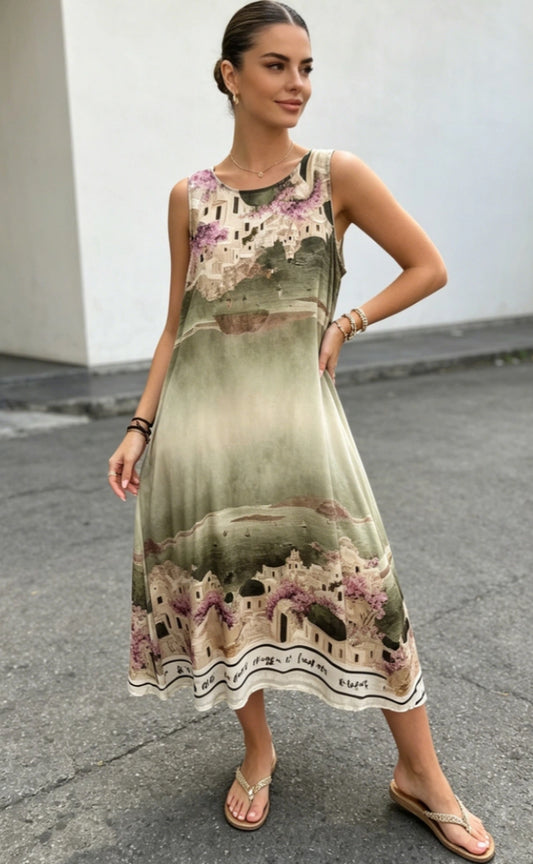 ART PRINT DRESS - 8-14 - KHAKI