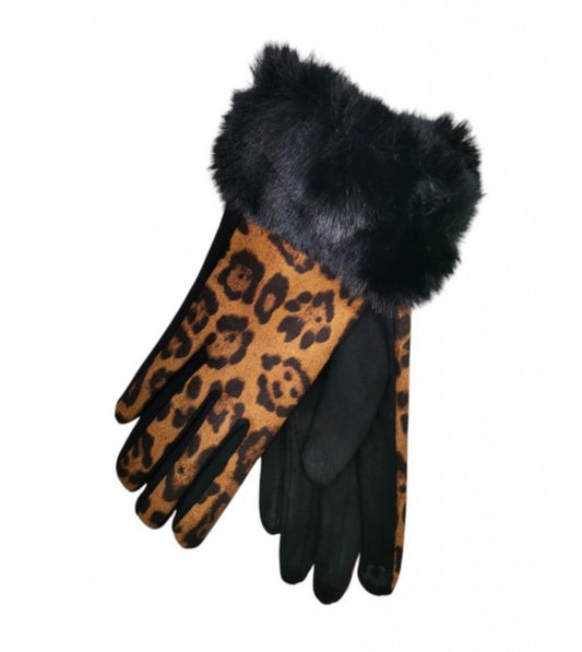 FUR TRIM LEOPARD PRINT BELOUR GLOVES - BLACK