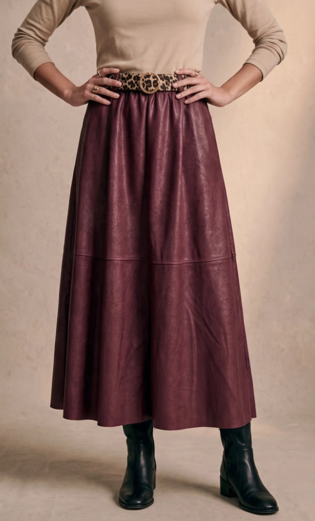 LEATHERETTE FLARED SKIRT - 10-16 - BURGUNDY