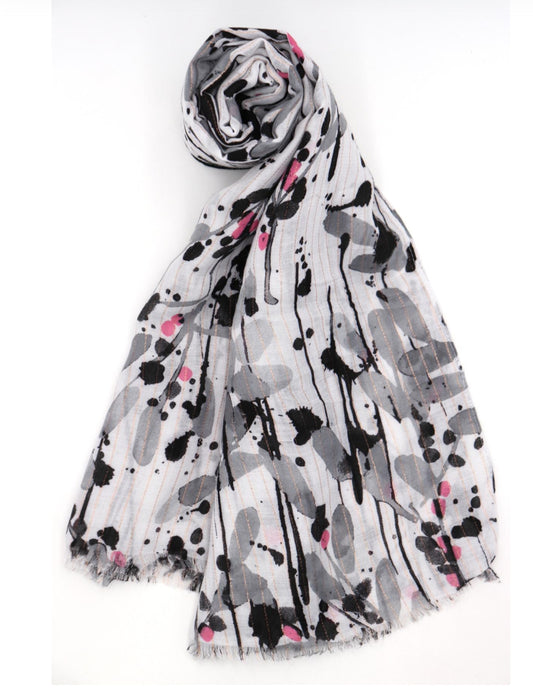 COTTON BLEND SPLASH PRINT SCARF - GREY