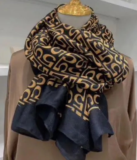 CAMEL/BLACK PRINT SCARF