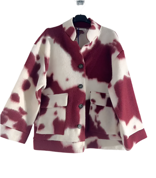 WOOL BLEND COW PRINT BUTTON JACKET - 10-16 - BURGUNDY