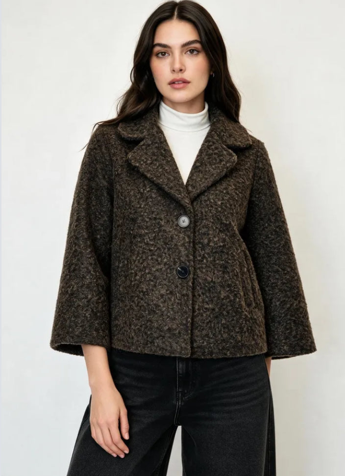 BOUCLE BUTTON COAT - 10-14 - CHOCOLATE