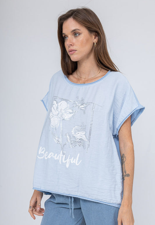 FLOWER PRINT JERSEY BACK TOP - 10-16 - BABY BLUE