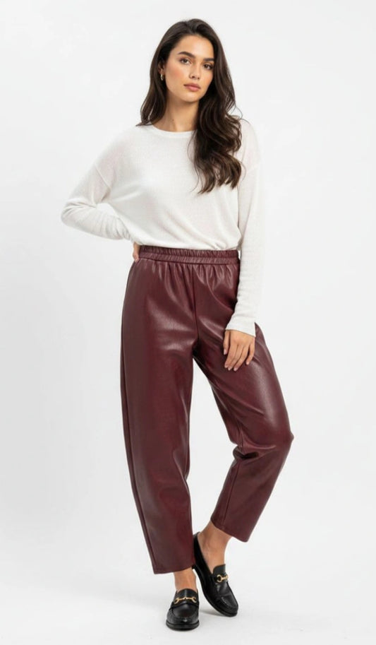 LEATHERETTE BARREL PANTS - 10-16 - BURGUNDY