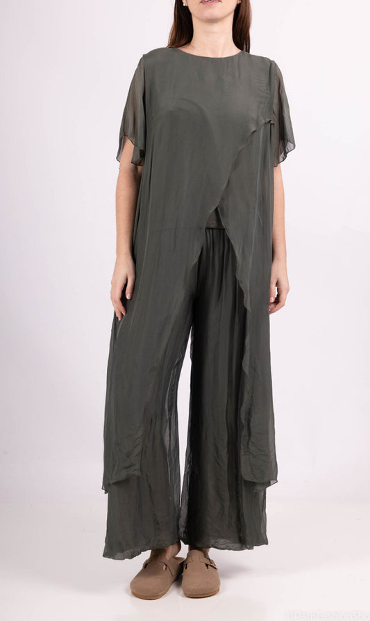 SILK BLEND DRAPE TOP - 8-12 - KHAKI