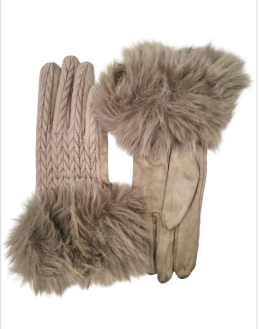 FUR TRIM QUILTED GLOVES - TAUPE