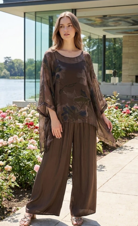 SILK BLEND FLORAL PRINT TOP - 10-16 - CHOCOLATE