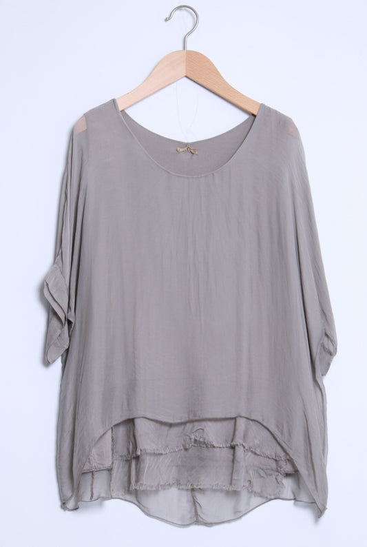 SILK BLEND LAYERED HEM TOP - 8-14 - TAUPE