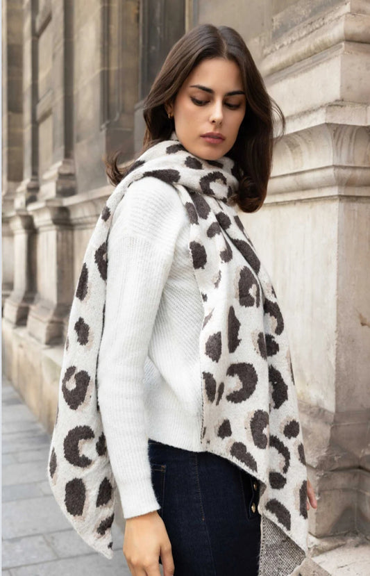 ANIMAL PRINT KNIT SCARF - CREAM