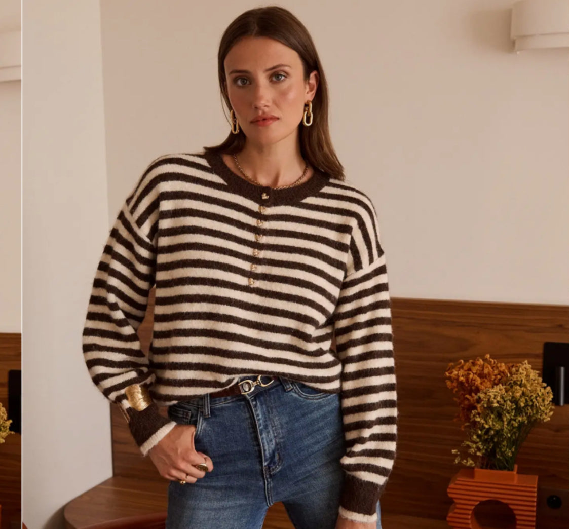 BUTTON STRIPE KNIT - 8-14/16 - CHOCOLATE
