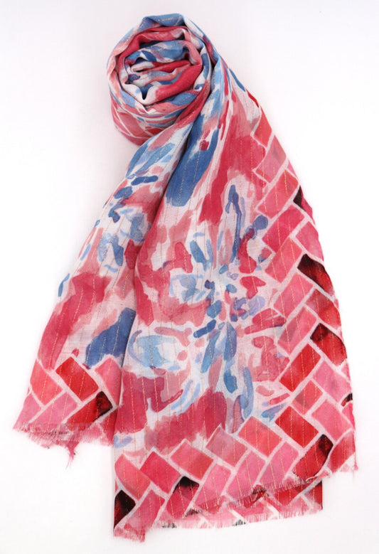 COTTON BLEND FOIL PRINT SCARF - FUSCHIA