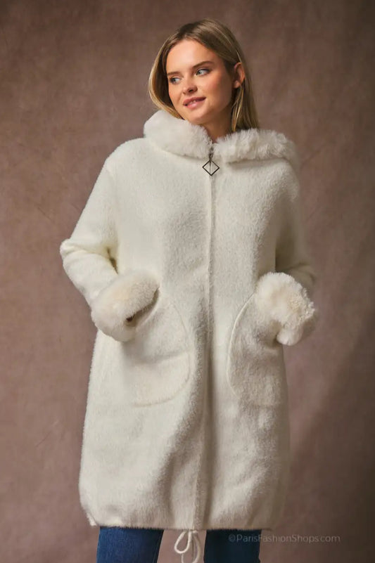 FUR HOODED COAT - 10-16 - CREAM