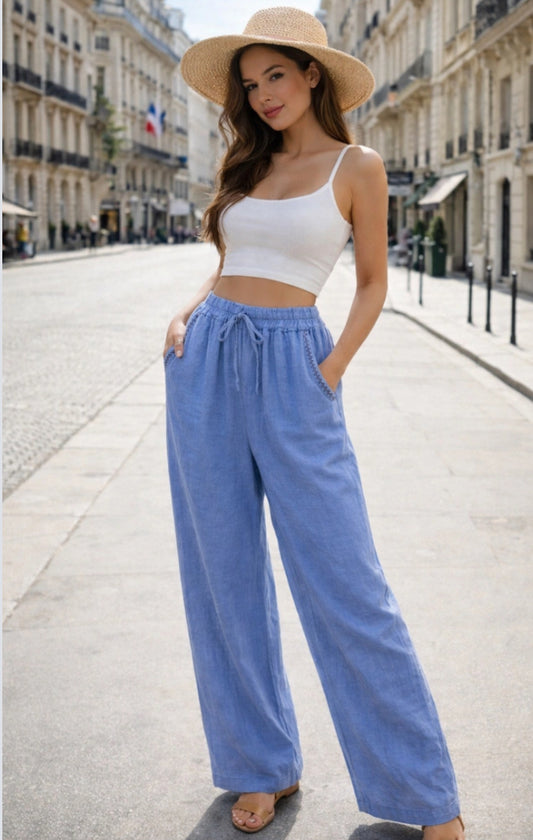 STITCH DETAIL LINEN PANTS - 10-16 - BLUE