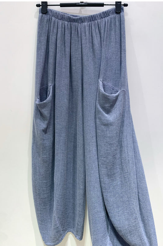 COTTON/LINEN BLEND SLOUCH POCKET PANTS - 10-16 - NAVY