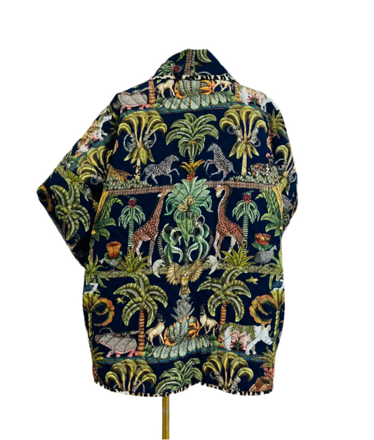 LIGHTLY PADDED JUNGLE PRINT KIMONO JACKET - NAVY - 10-16