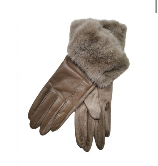 FUR TRIM LEATHERETTE GLOVES - TAUPE