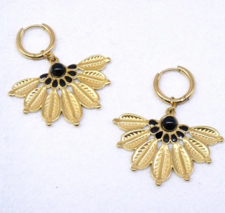 BLACK BEAD FAN STATEMENT EARRINGS