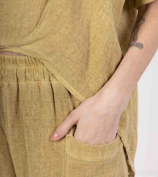 COTTON/LINEN BLEND TULIP HEM PANTS - 10-16 - OCHRE