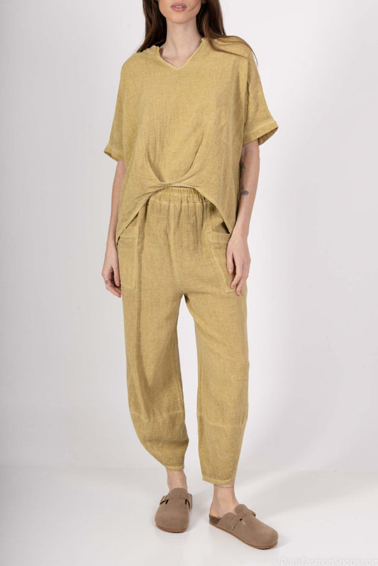 COTTON/LINEN BLEND TULIP HEM PANTS - 10-16 - OCHRE