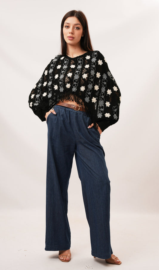 CROCHET FRINGED TOP - 8-12 - BLACK