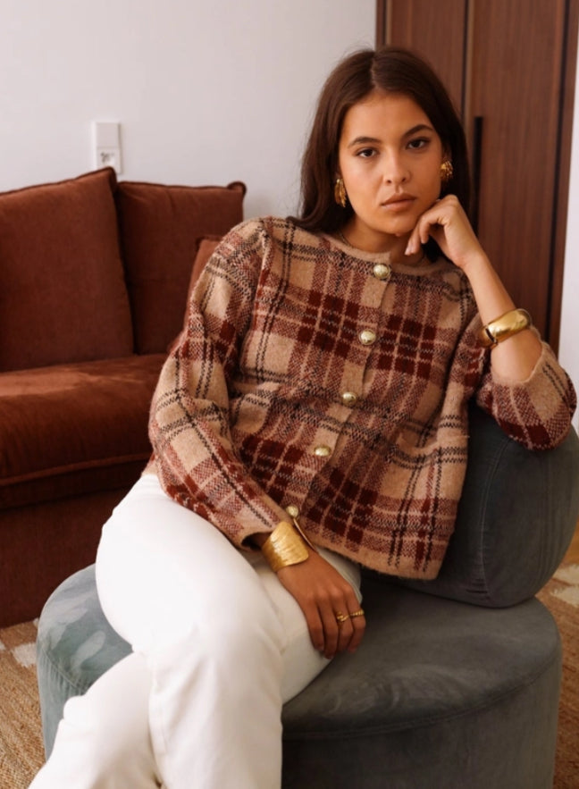 CHECK GOLD BUTTON JACKET - 10-14 - BURGUNDY