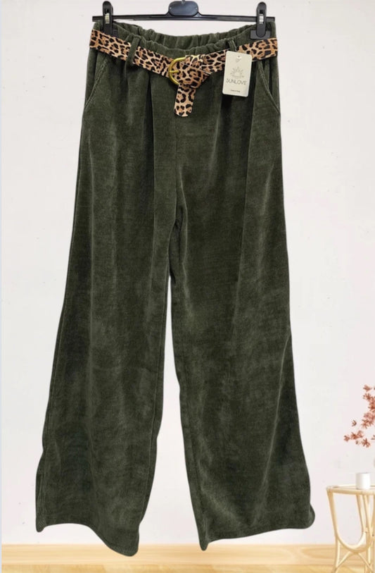 VELVET PALAZZO WITH BELT - 10-16 - KHAKI