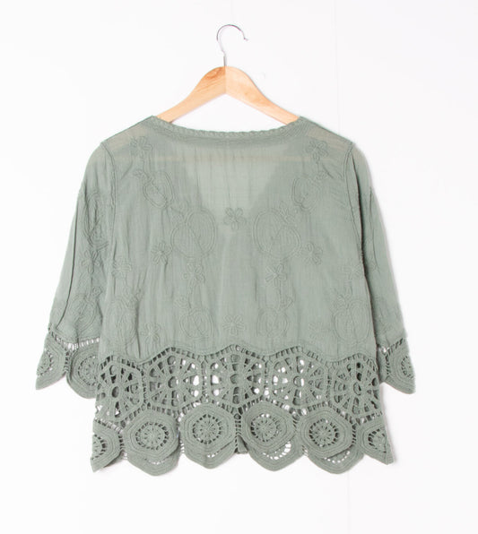 COTTON LACE DETAIL TOP - 8-14 - KHAKI