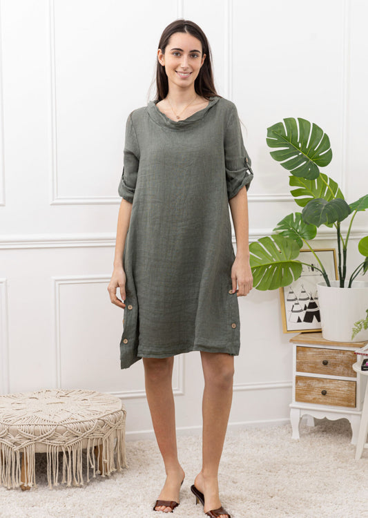 COWL BUTTON DETAIL LINEN DRESS - 10-16 - KHAKI