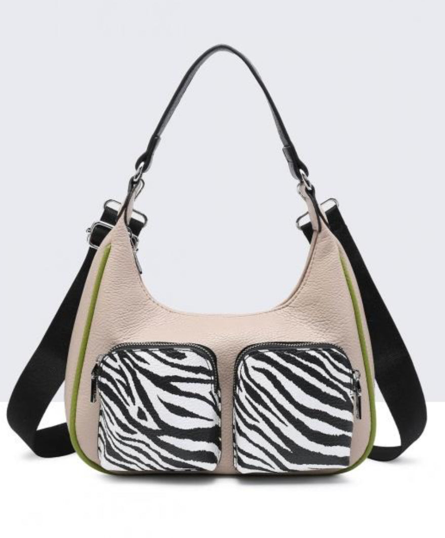 DOUBLE POCKET ZEBRA PRINT SHOULDER/CROSSBODY