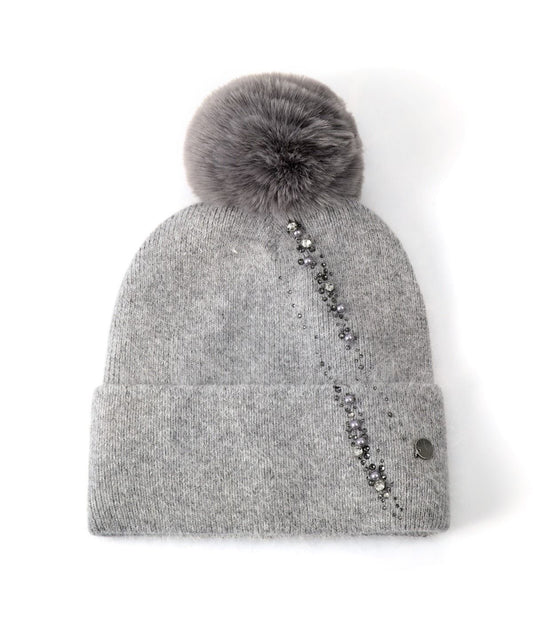 CASHMERE PEARL & CRYSTAL POM HAT - SILVER