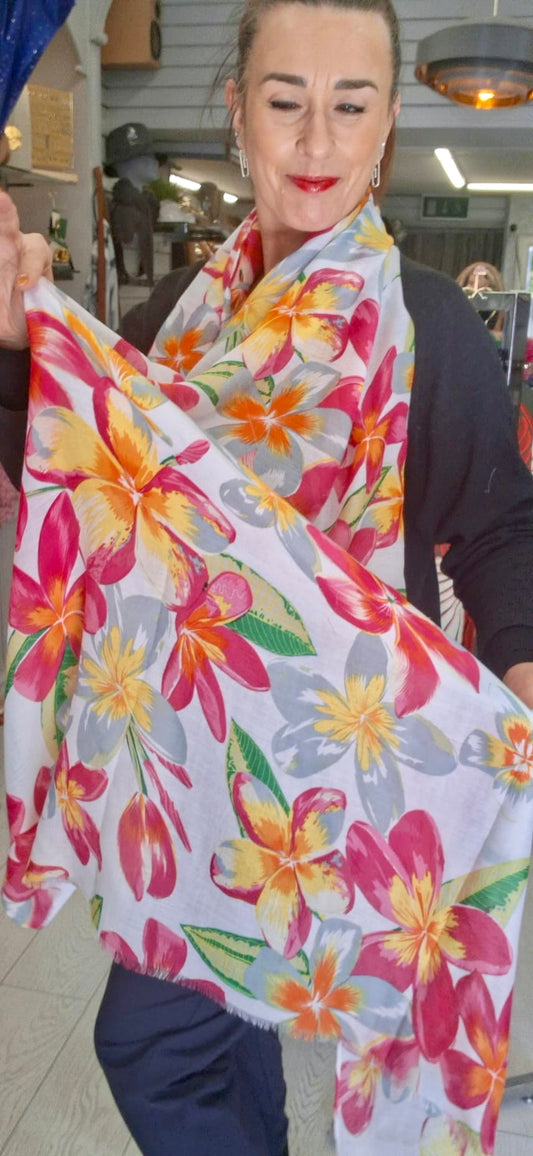 COTTON BLEND FLORAL SCARF - ORANGE