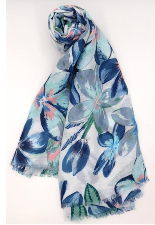 COTTON BLEND FLOWER PRINT SCARF - BLUE