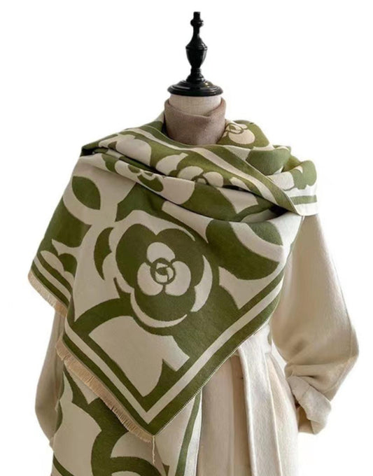 COTTON BLEND COSY CAMELIA PRINT SCARF - KHAKI/CREAM