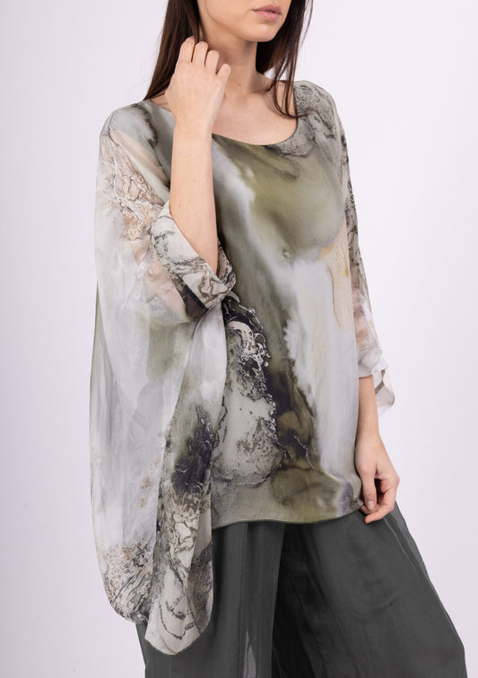MARBLE PRINT SILK BLEND TOP - 10-16 - KHAKI