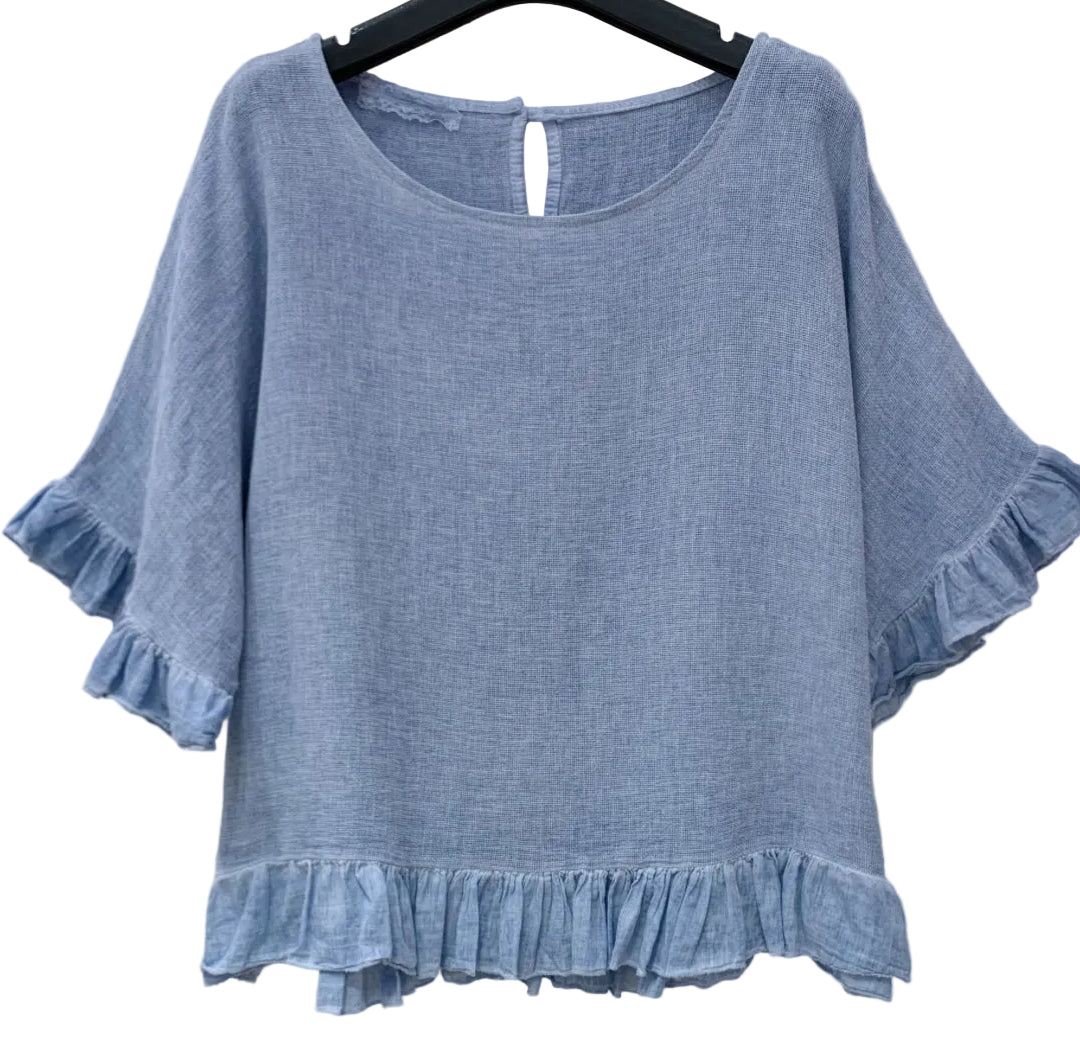 FRILL TRIM COTTON LINEN TOP - 10-16