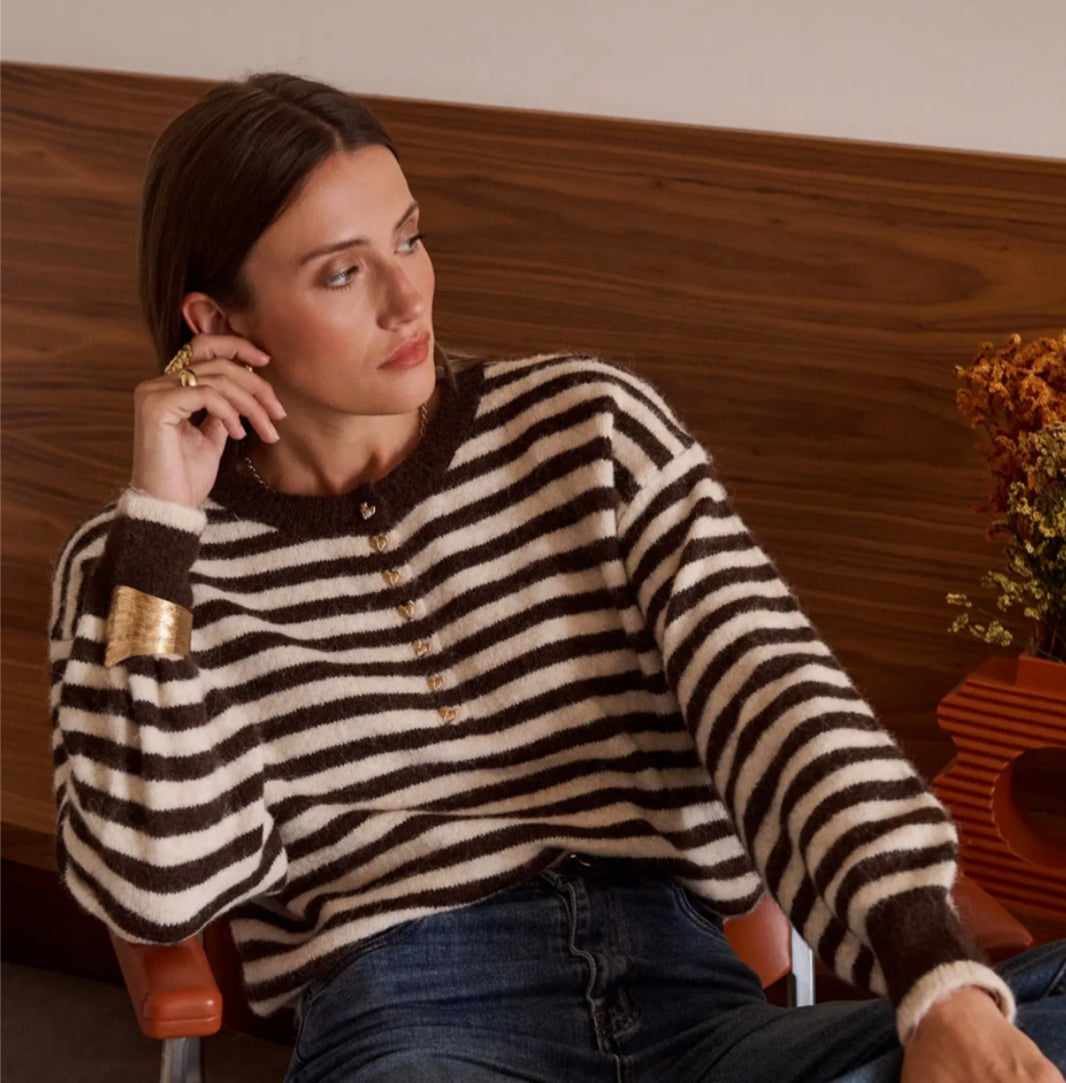 BUTTON STRIPE KNIT - 8-14/16 - CHOCOLATE
