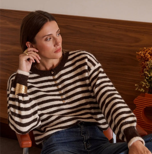 BUTTON STRIPE KNIT - 8-14/16 - CHOCOLATE