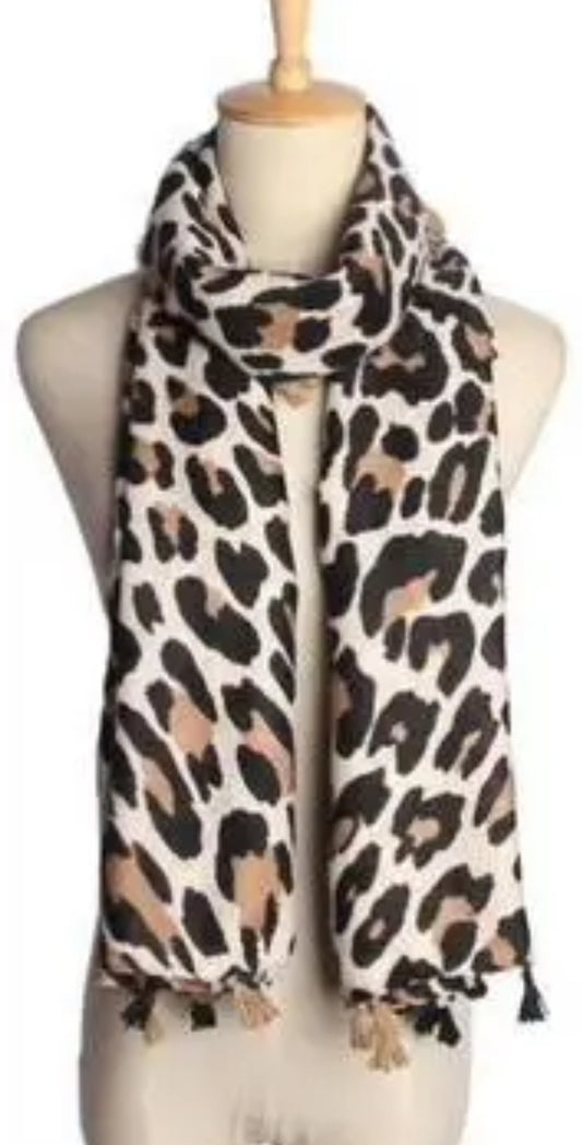 BEIGE TASSEL ANIMAL PRINT SCARF