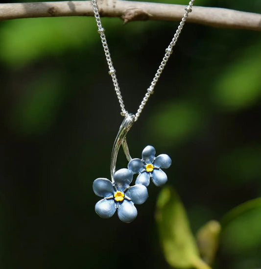 FORGET ME NOT SILVER PLATED HAND ENAMELLED NECKLACE