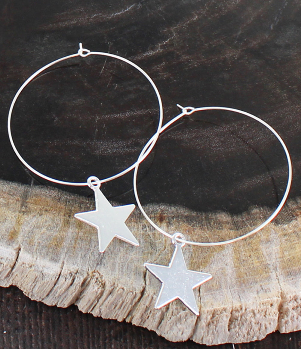 SILVER PLATED LARGE STAR HOOP EARRINGS