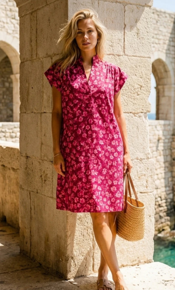 COTTON FLORAL DRESS - 10-14 - FUSCHIA