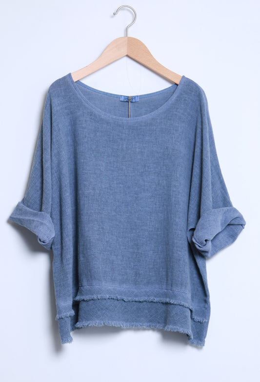 LAYERED HEM LINEN TOP - 10-16 - BLUE
