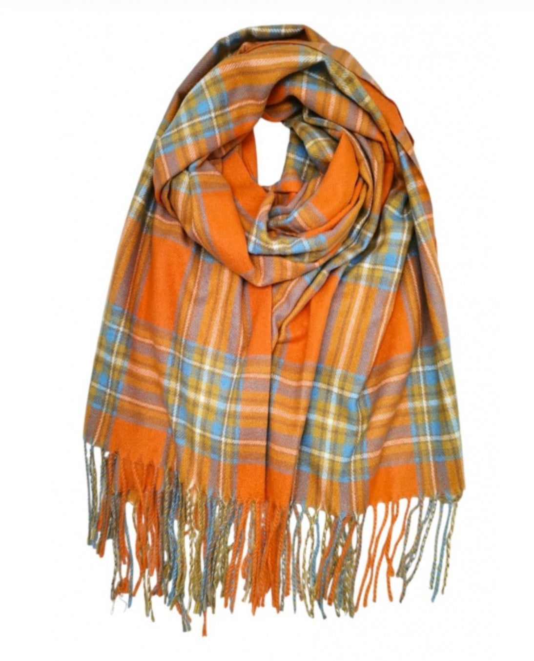 CHECK FRINGED SCARF - ORANGE