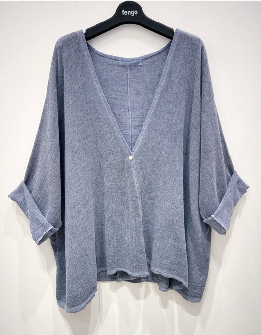 COTTON/LINEN BLEND ONE BUTTON CARDI - 10-16 - NAVY