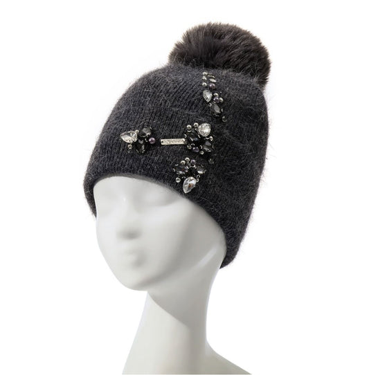 CASHMERE JEWELLED POM HAT - CHARCOAL