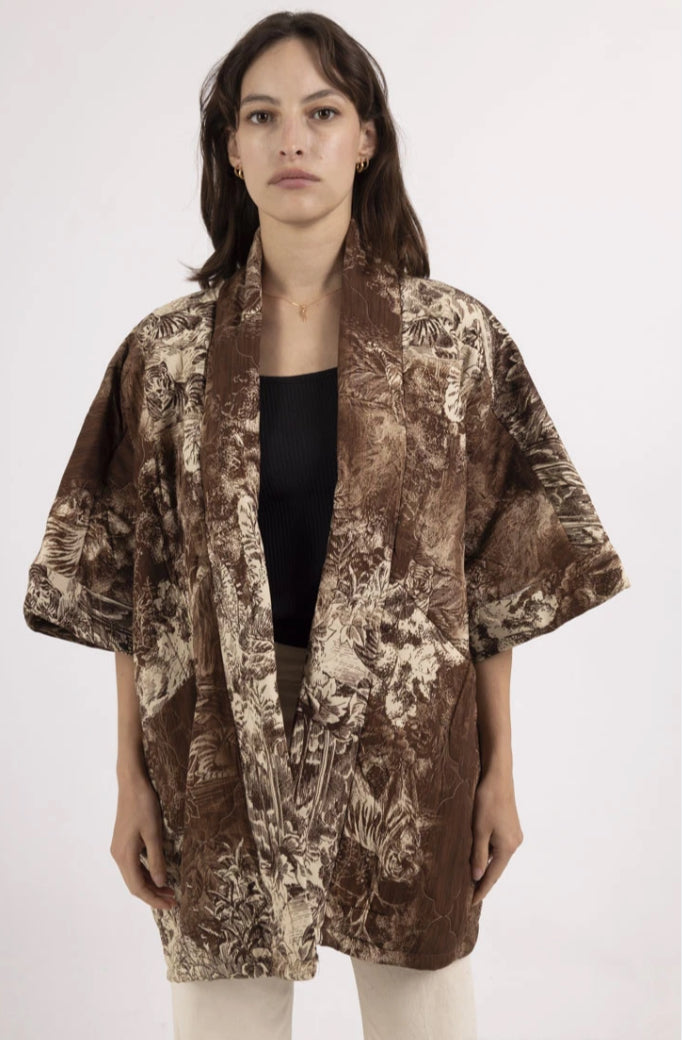 TOILE QUILTED KIMONO - FREE SIZE - BROWN